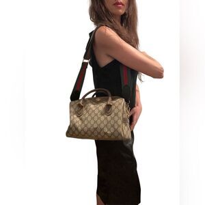 Gucci Brown Leather Satchel with Monogram Canvas